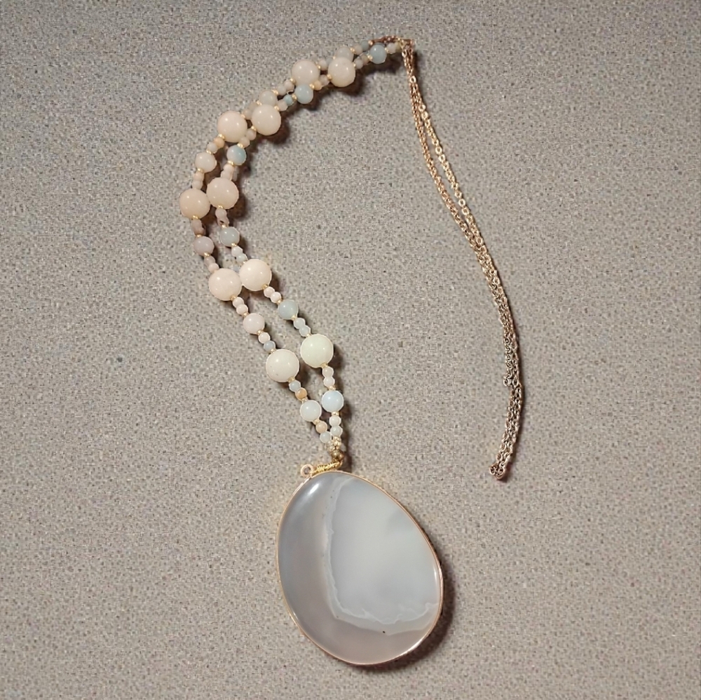 Vintage Large Banded Agate Slice Statement Necklace - Boho Natural Stone